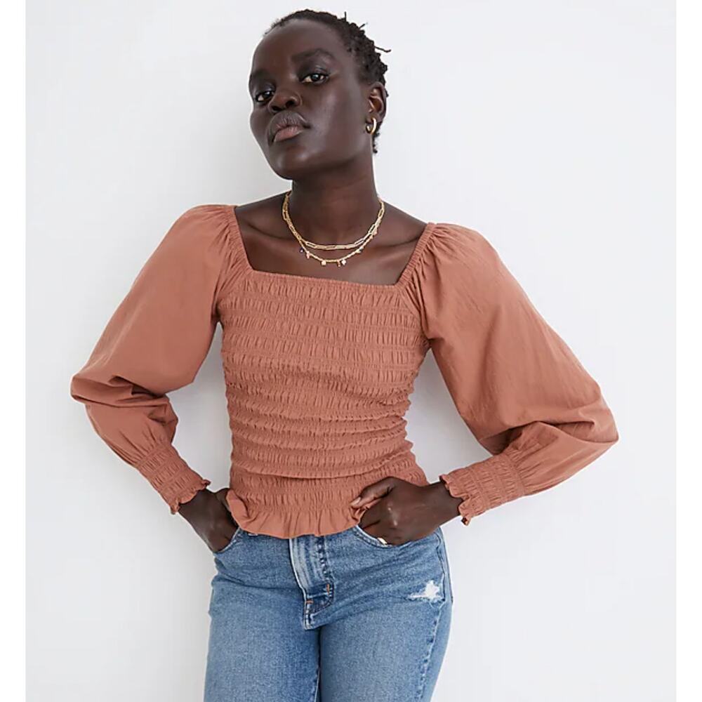 Madewell Lucie Bubble Sleeve‎ Smocked Top Size XL Burnt Umber Style NC843